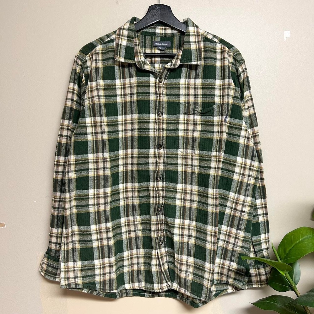 Vintage Eddie Bauer Green Cream Plaid Flannel Button Up Shirt Mens XL 00s